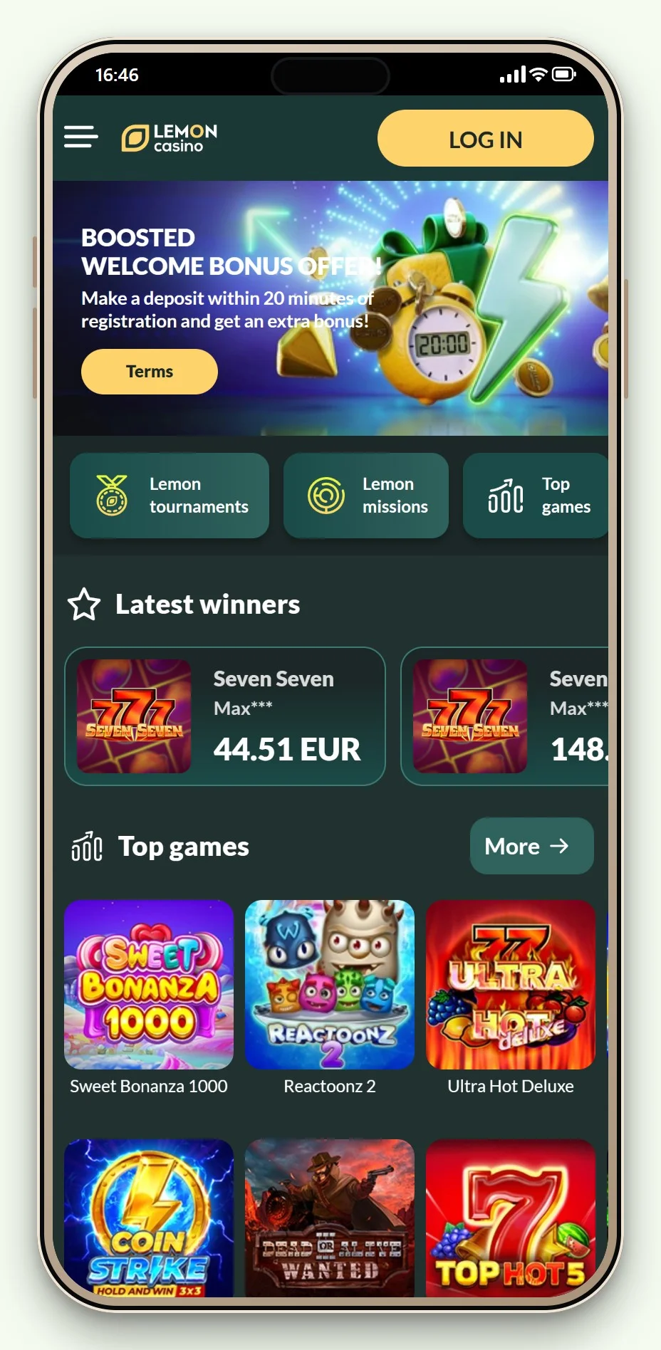 De mobiele startpagina en spellobby van Lemon Casino