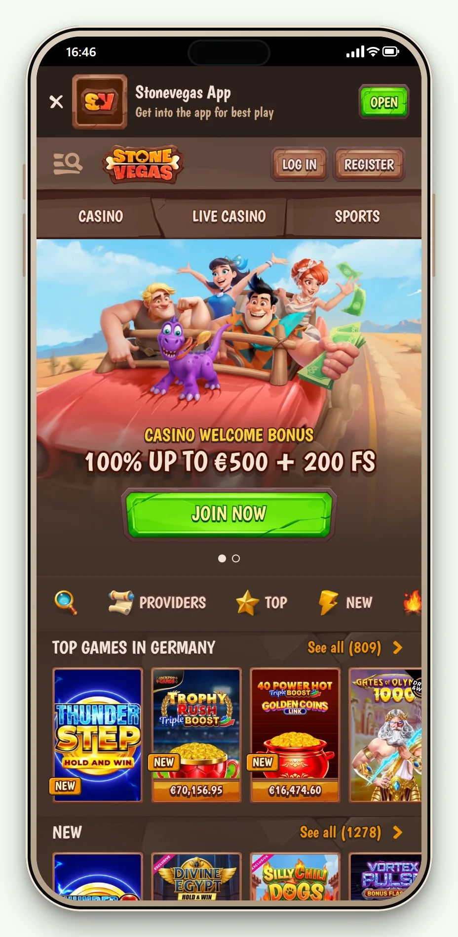 StoneVegas op mobiel: de startpagina van het casino