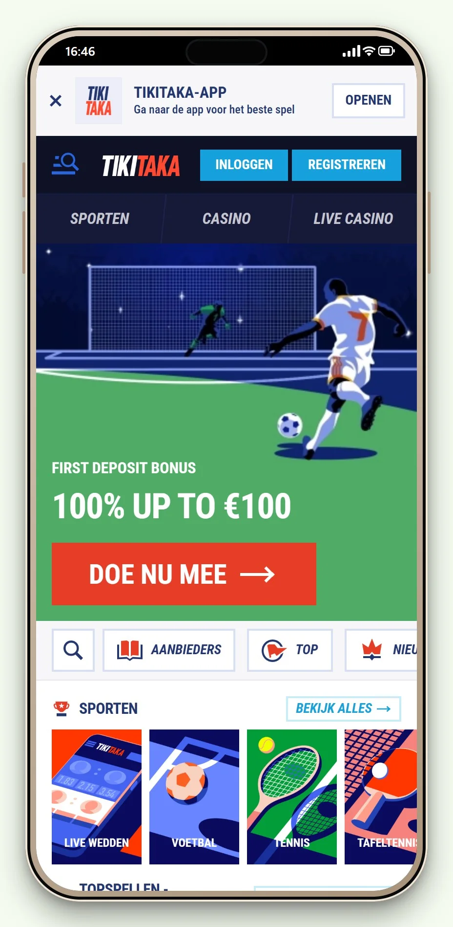 De mobiele startpagina en spellobby van TikiTaka