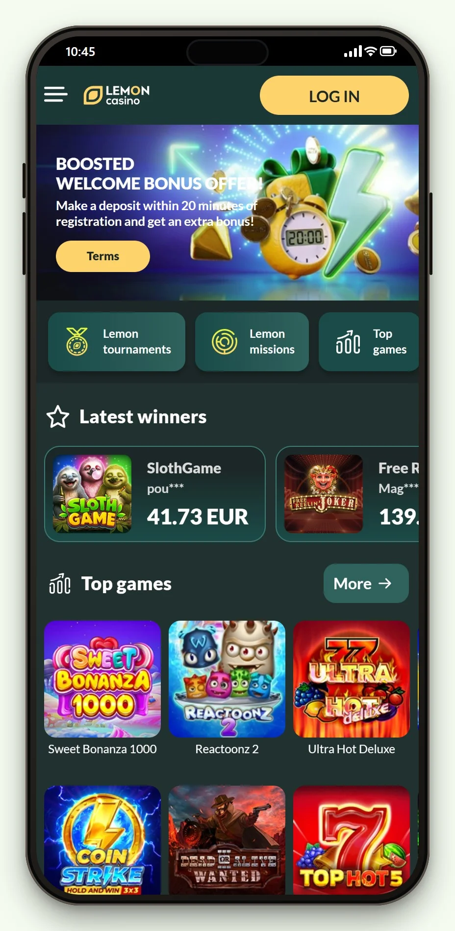 The mobile home screen and game lobby of Lemon Casino