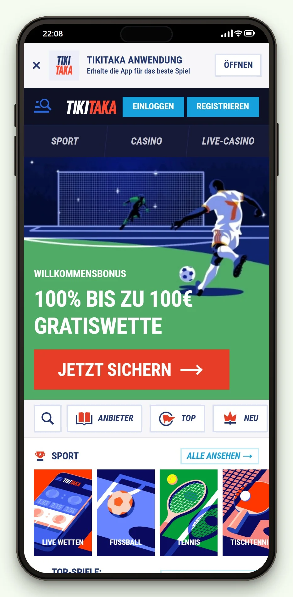 TikiTaka auf dem Smartphone: Startseite des Casinos