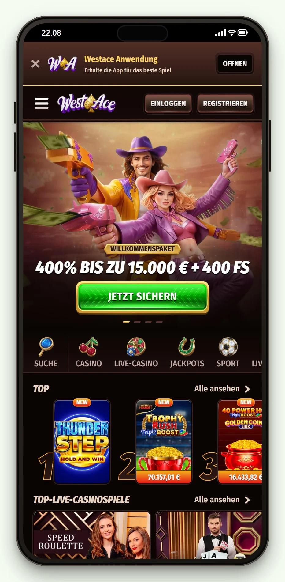 Die mobile Startseite und Spielelobby von WestAce