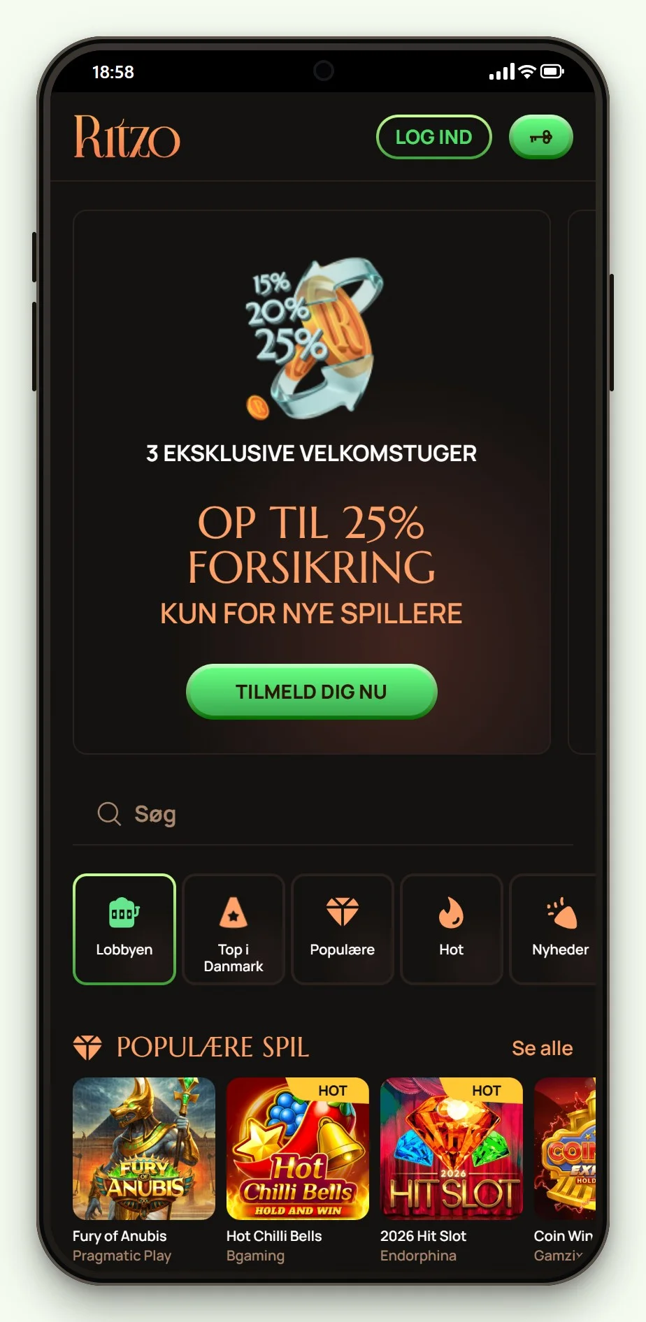 Forsiden og spillobbyen hos Ritzo på mobilen