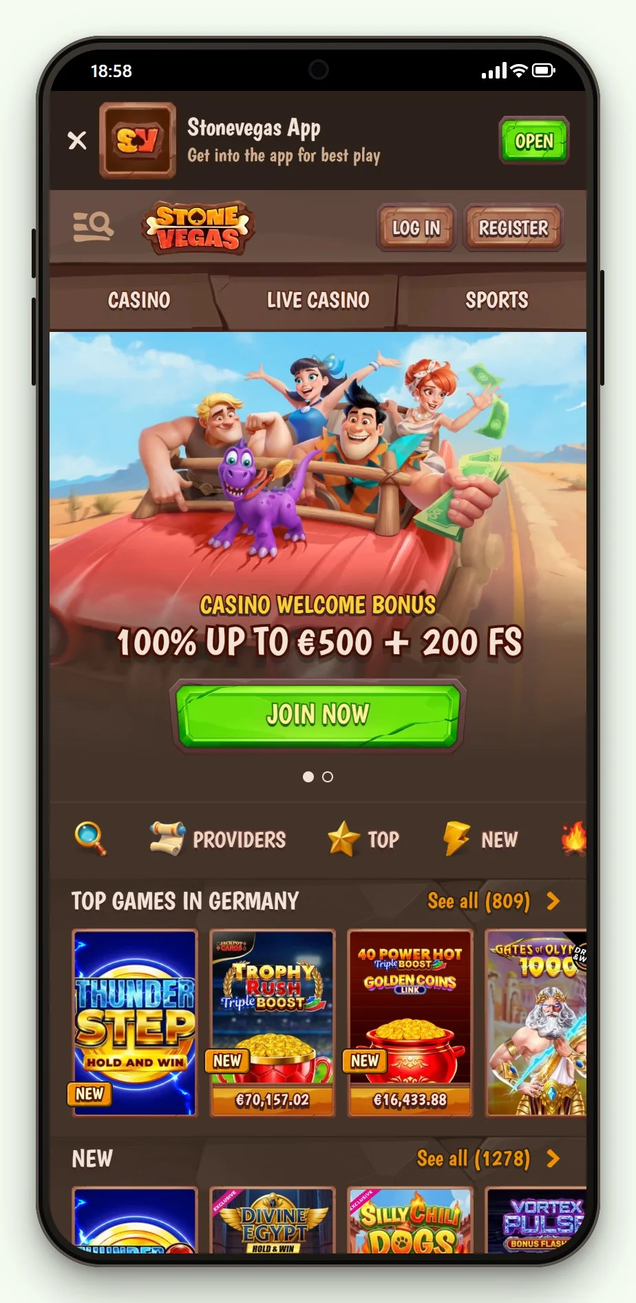 StoneVegas på mobilen: casinoets forside og spillobby