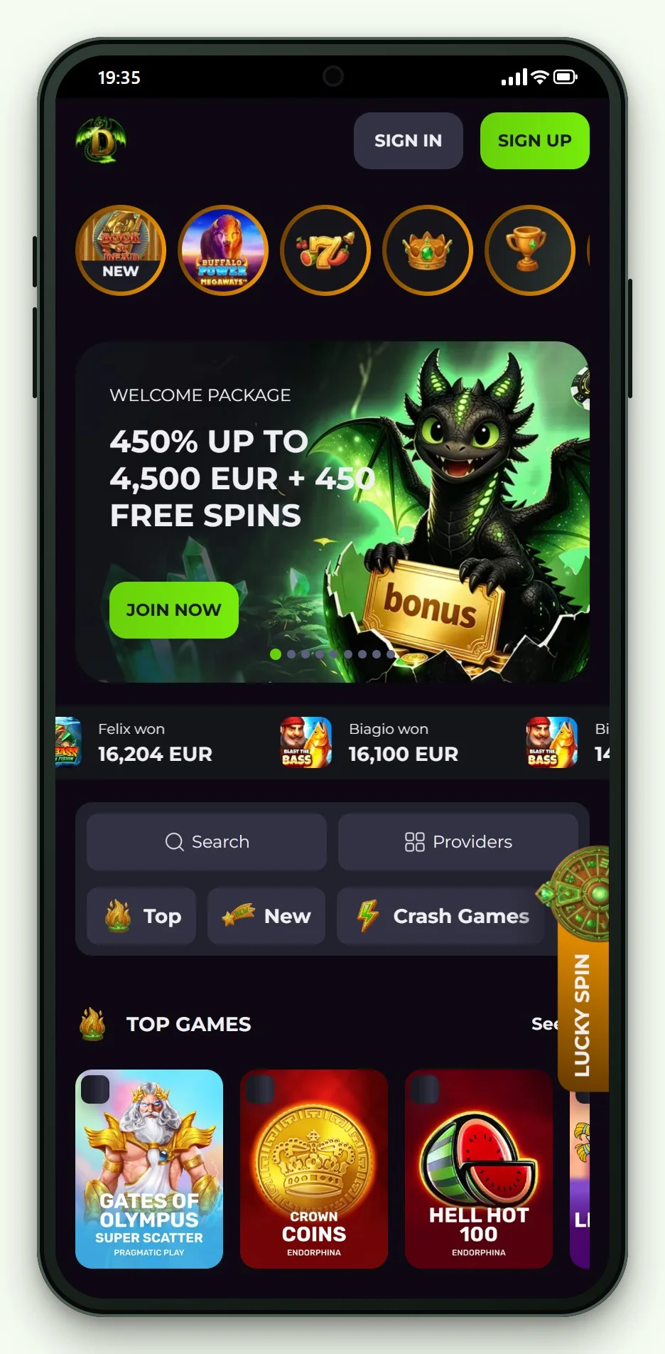 Drakaris on mobile: the casino home screen and lobby