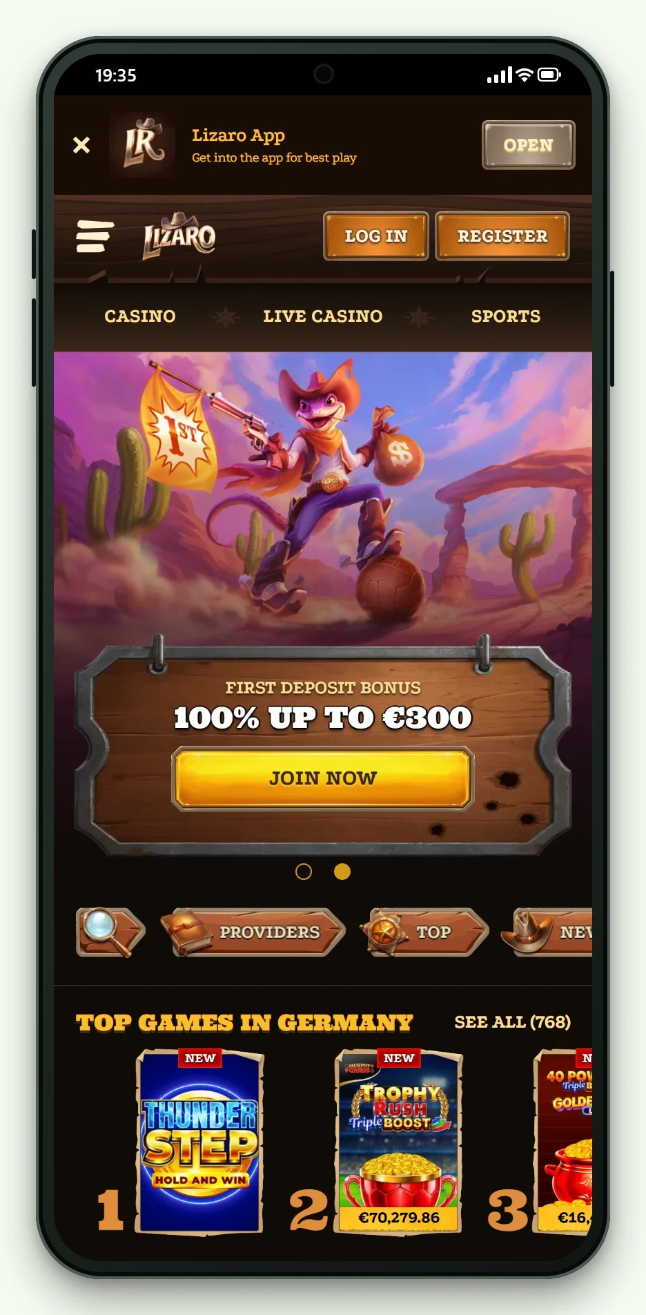 The mobile home screen and game lobby of Lizaro