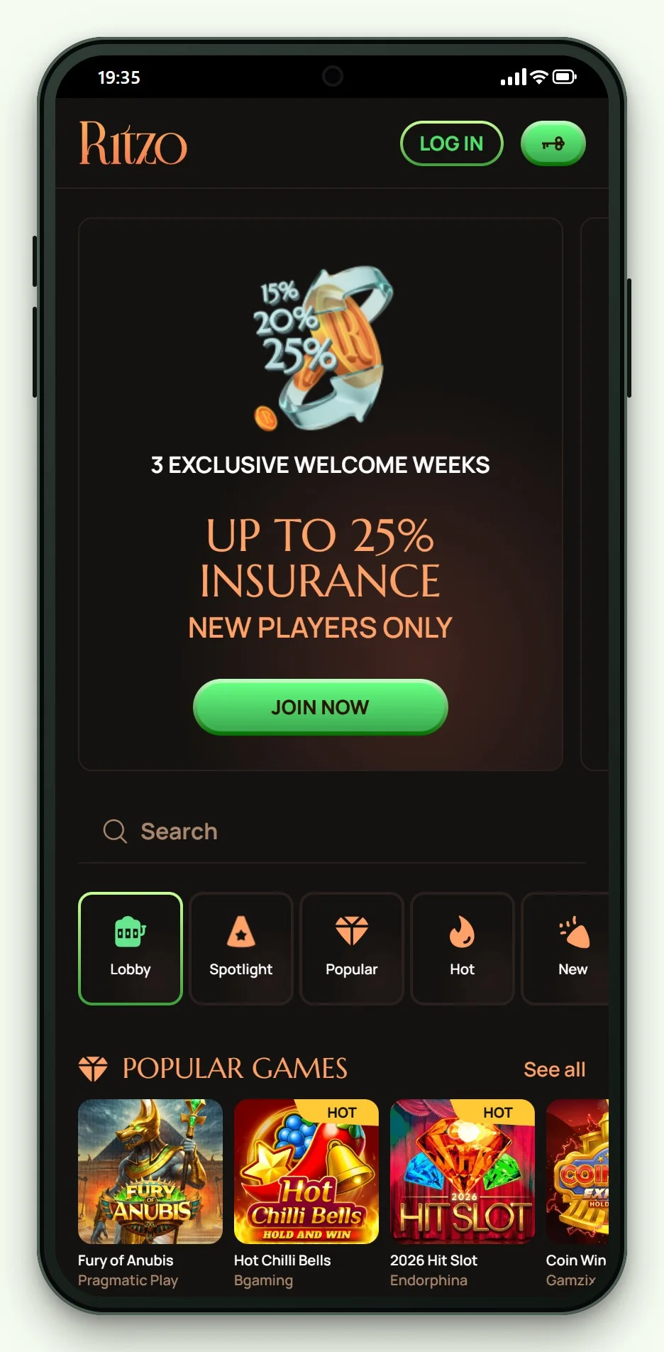 The mobile home screen and game lobby of Ritzo