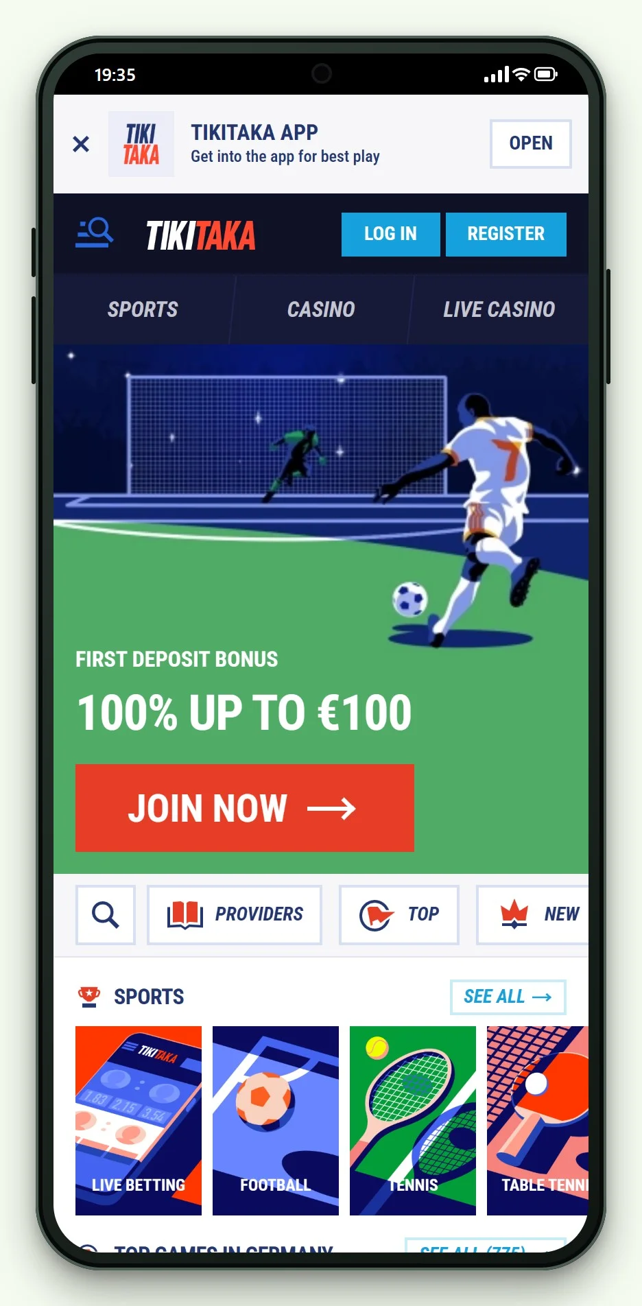 TikiTaka on mobile: the casino home screen and lobby