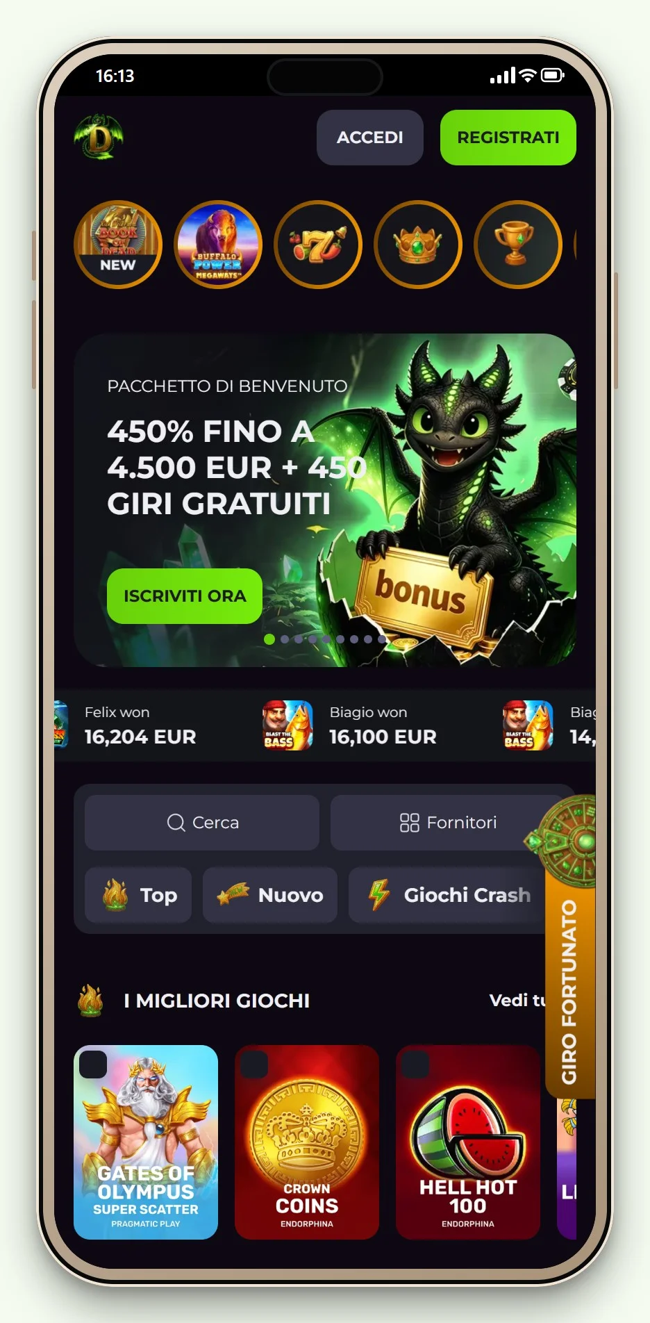 La homepage mobile e la lobby giochi di Drakaris