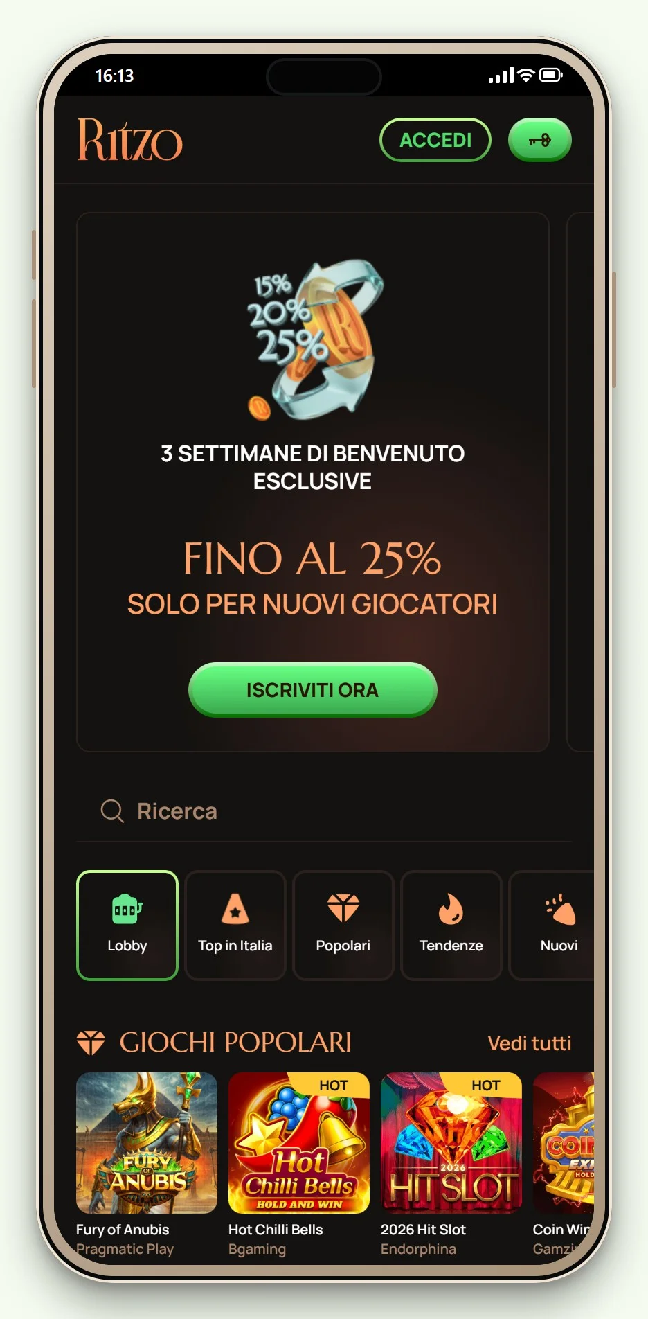 Ritzo da smartphone: homepage e lobby del casinò