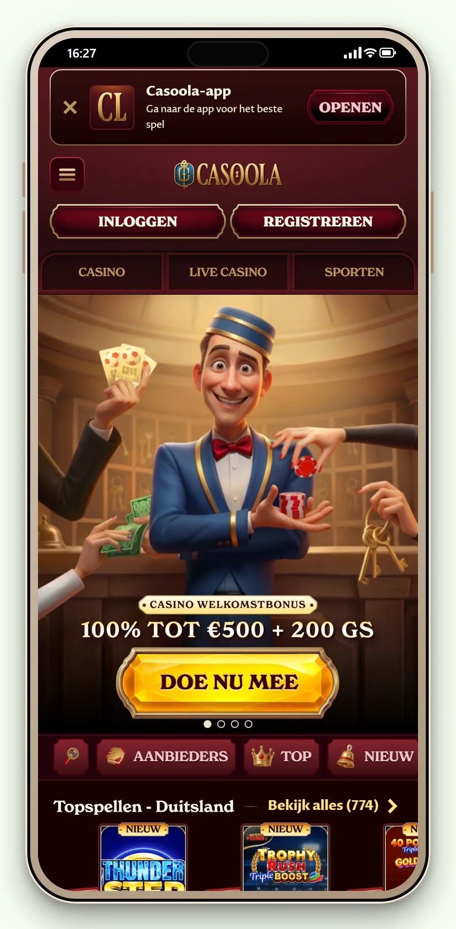 De mobiele startpagina en spellobby van Casoola