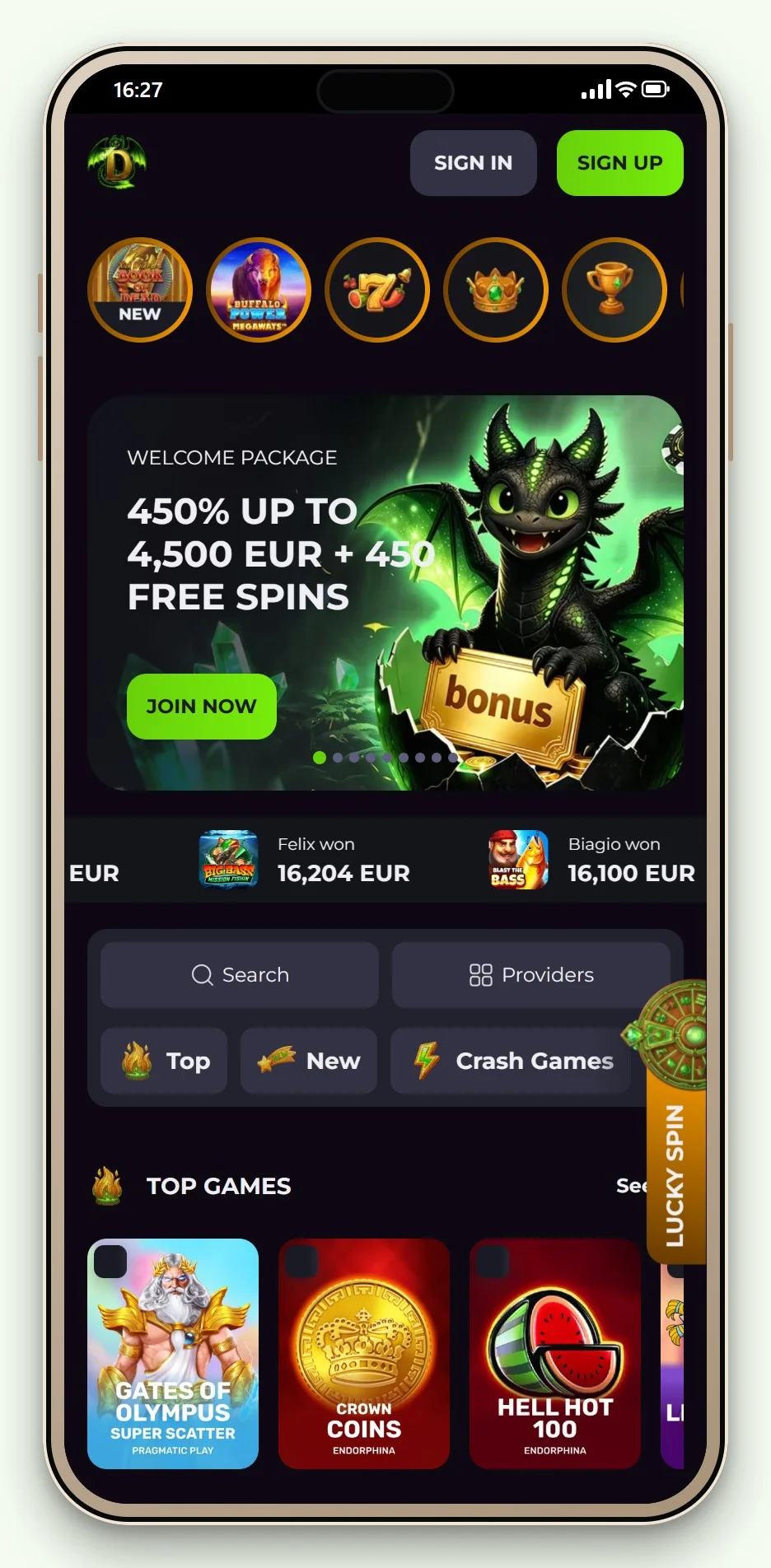 Drakaris op mobiel: de startpagina van het casino