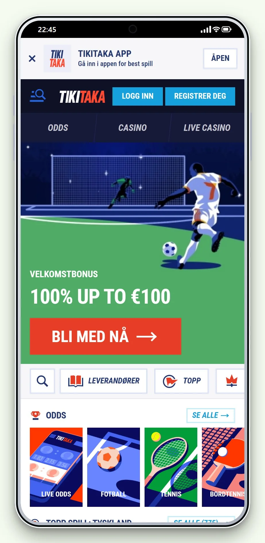 Forsiden og spillobbyen hos TikiTaka på mobilen