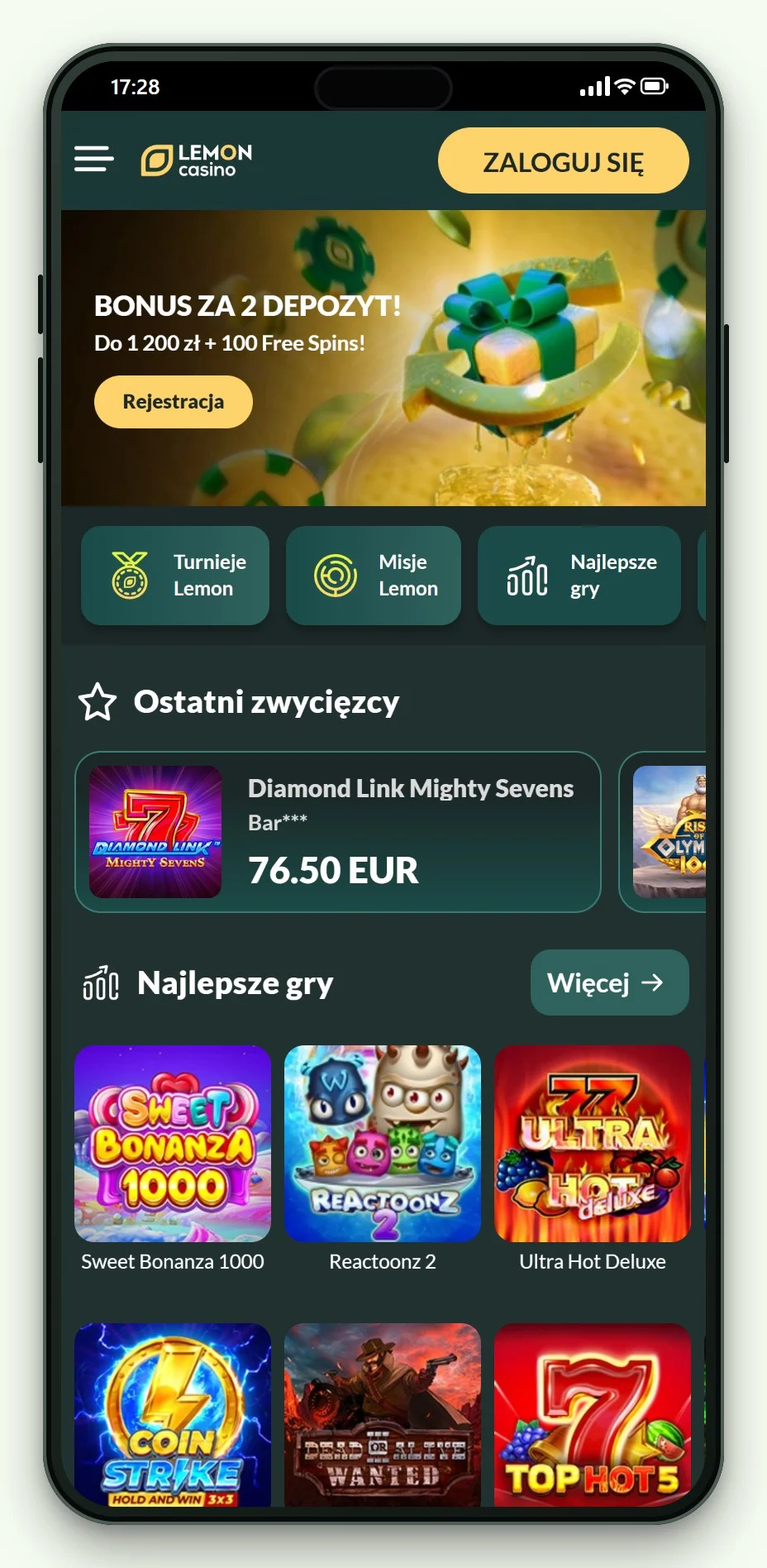 Lemon Casino na telefonie: strona główna i lobby kasyna