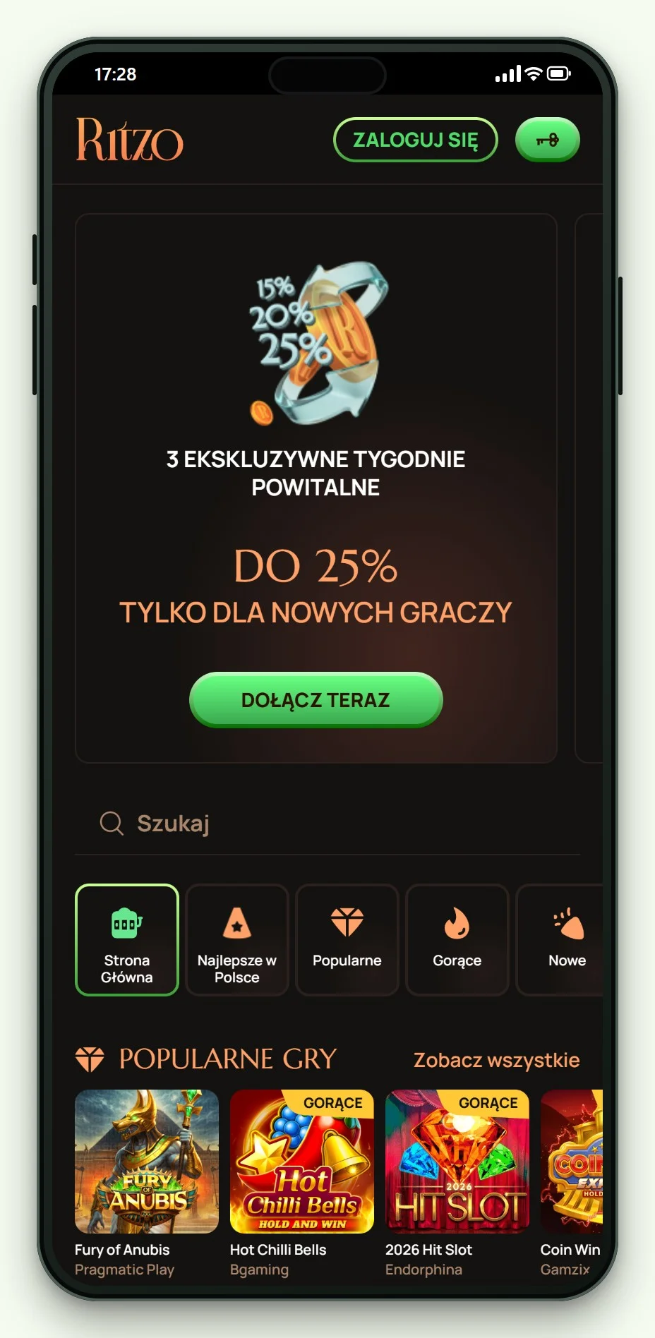 Mobilna strona główna i lobby gier kasyna Ritzo