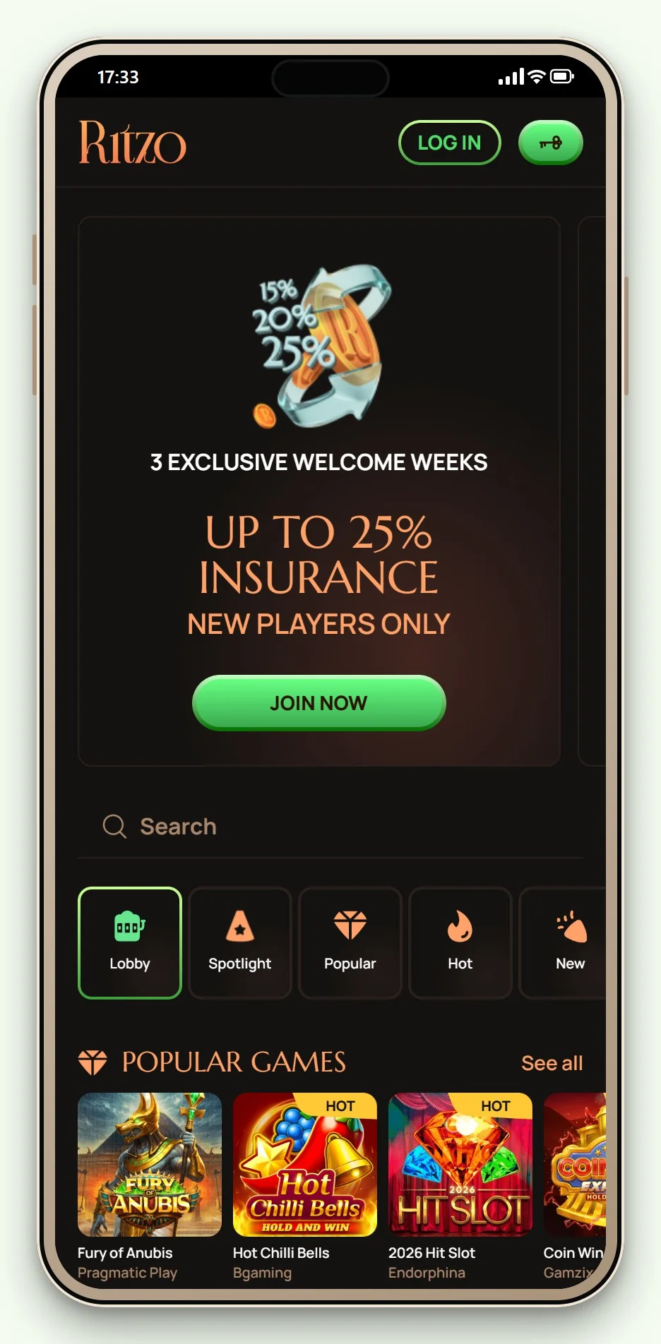 Ritzo on mobile: the casino home screen and lobby