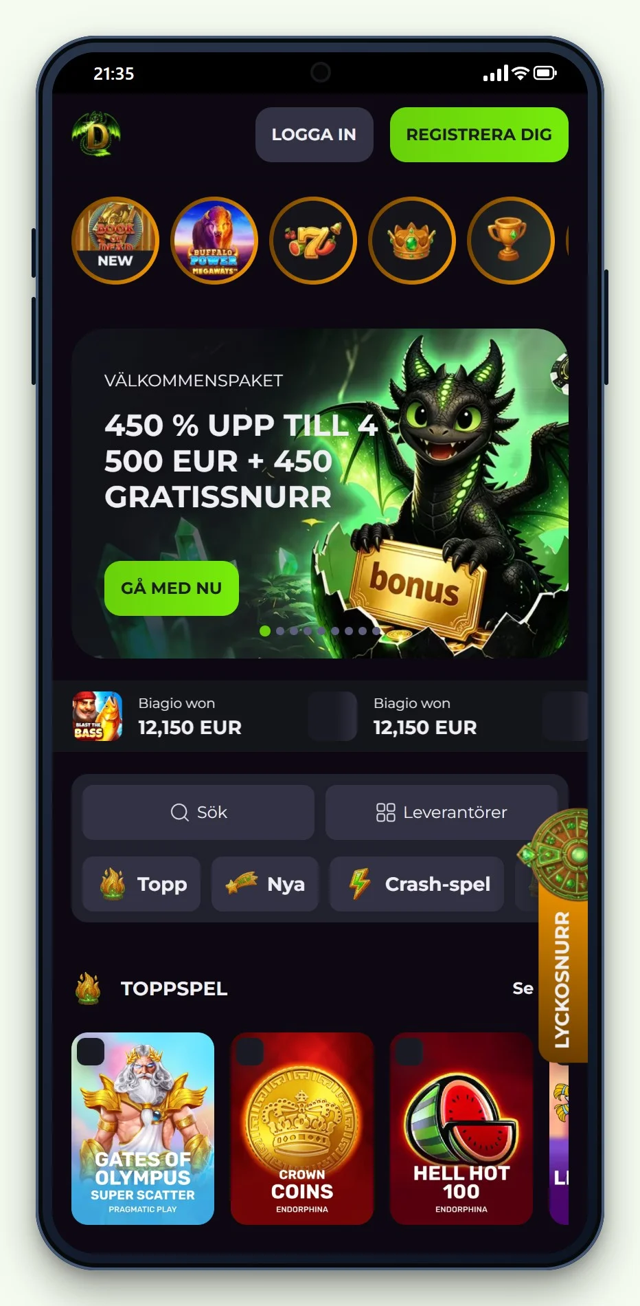 Startsidan och spellobbyn hos Drakaris i mobilen