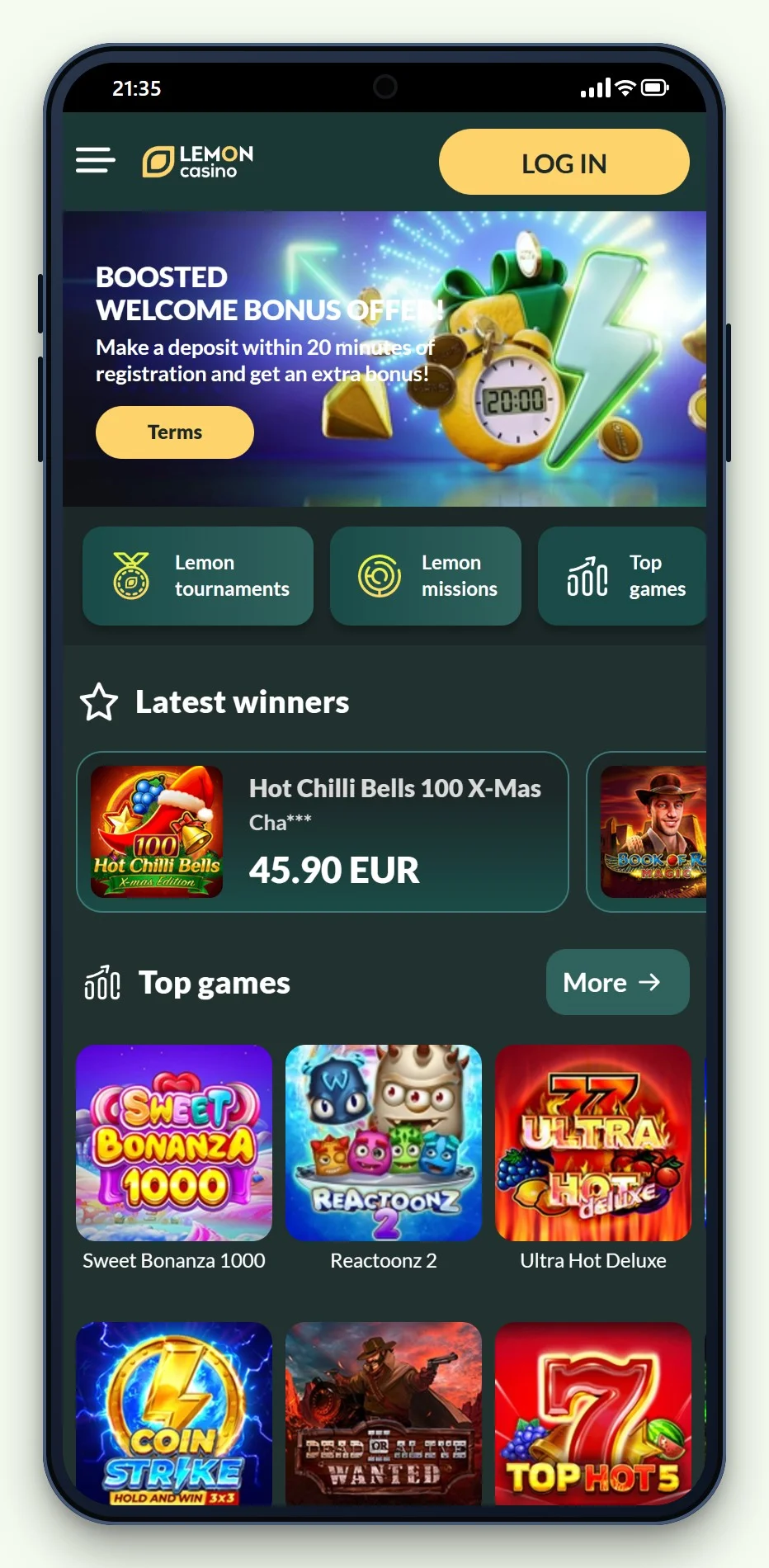 Startsidan och spellobbyn hos Lemon Casino i mobilen