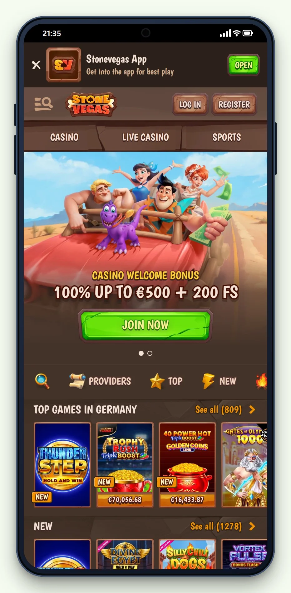 StoneVegas i mobilen: startsidan och spellobbyn